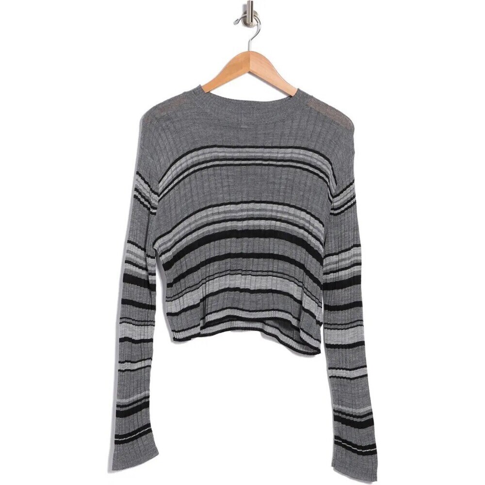 Abound Woman's Ribbed Cropped Sweater In Grey w/ Black Stripe Size S Made In USA